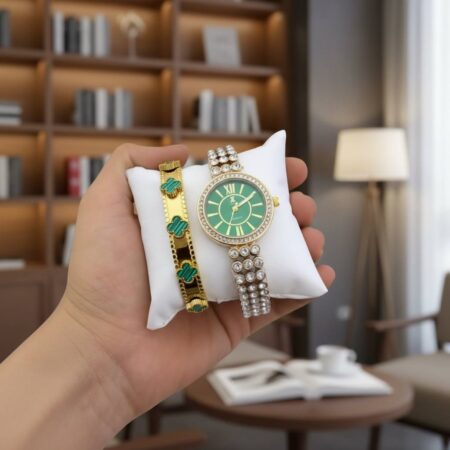 Green Dial Watch + Clover Bracelet